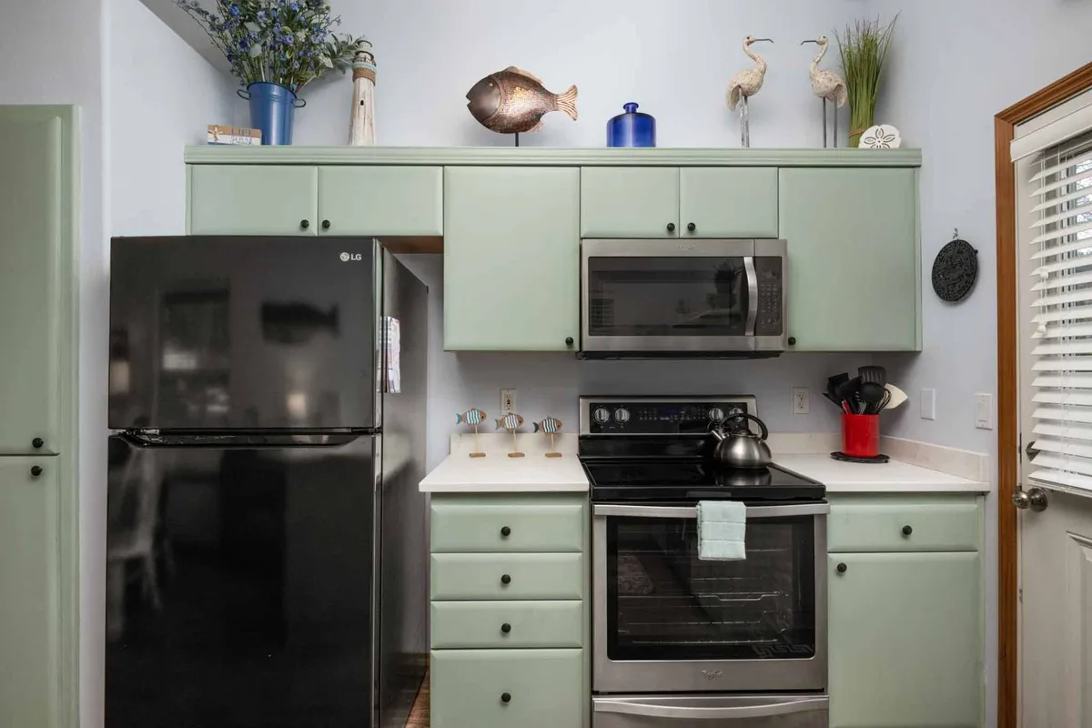 This image features a cheerful kitchen interior with striking green cabinetry, a black refrigerator, stainless steel appliances, and whimsical décor such as fish and bird accents. The kitchen counter is staged with inviting touches, hinting at a space ready for cooking and socializing.